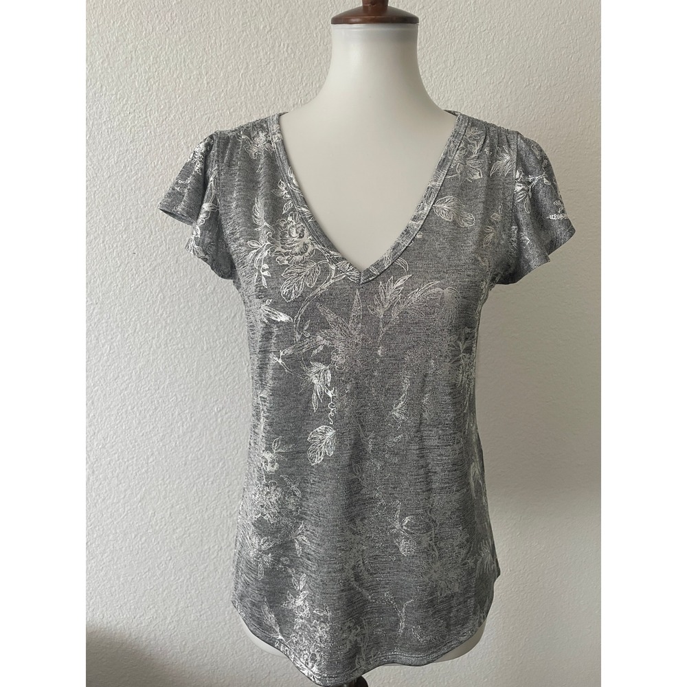 White House Black Market Glamgetter Tee Womens S Silver Metallic Floral V-Neck